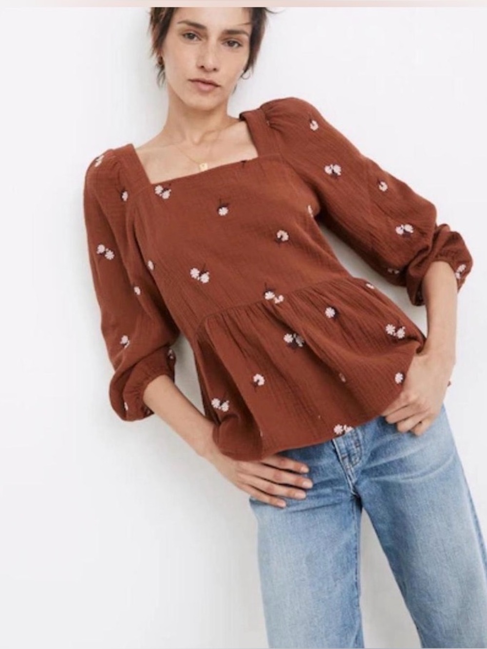 Madewell Rust-Colored Floral Square-Neck Peplum Blouse, Size Medium